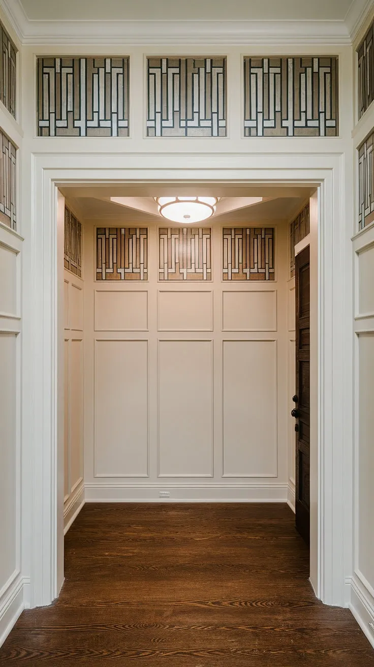 The rich dark wood floors and high ceilings of this foyer are beautifully enhanced by the dramatic art deco wainscoting. This half-panel wainscoting, a fantastic example of wainscoting ideas, reaches all the way to the ceiling, showcasing a sophisticated design perfect for wainscoting for high ceilings. The alternating light and dark rectangular pattern above the wainscoting adds visual interest, while the overall design provides excellent wainscoting for hallways and entryway inspiration. This is a masterclass in wainscoting for foyers and demonstrates unique wall trim ideas.