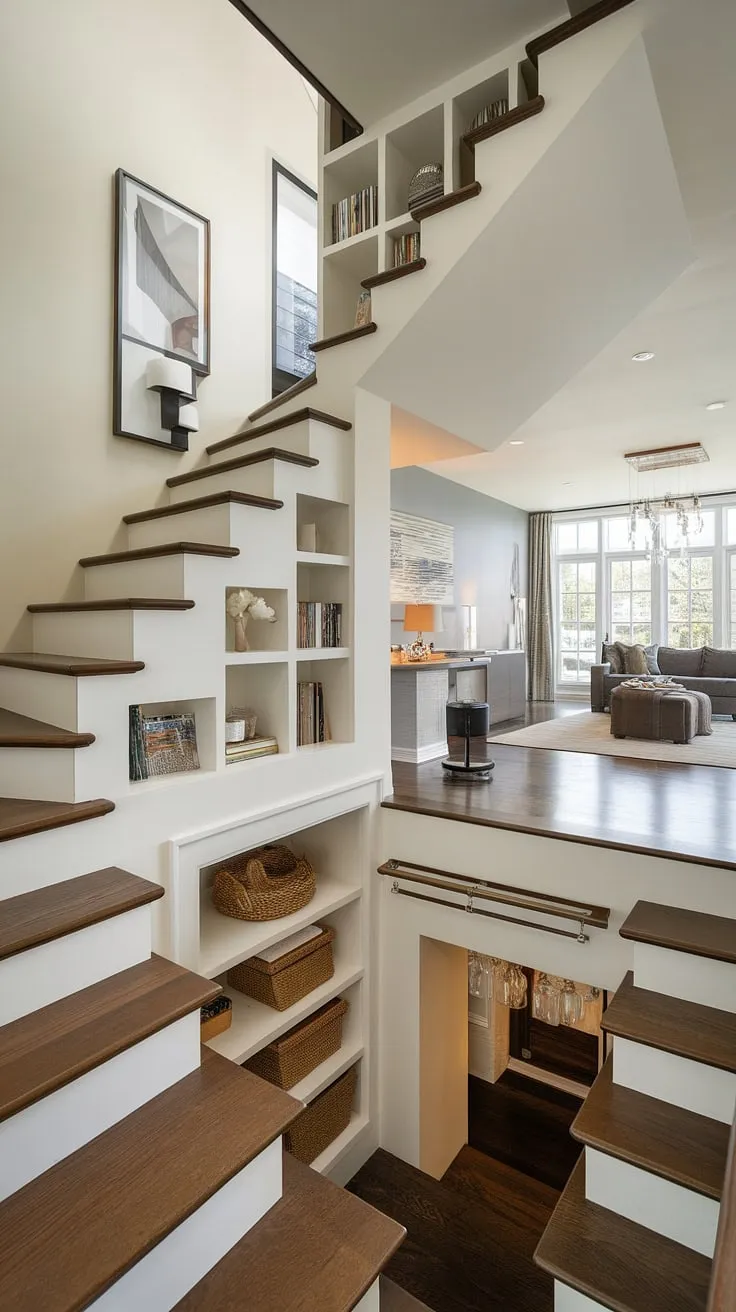This entryway with stairs is a masterpiece of efficient design. Stair shelf ideas and downstairs design ideas combine seamlessly, creating ample under stairs storage and a cozy small living room under stairs. The staircase bar under stairs is a unique touch, highlighting the innovative home stairwell ideas in this space.