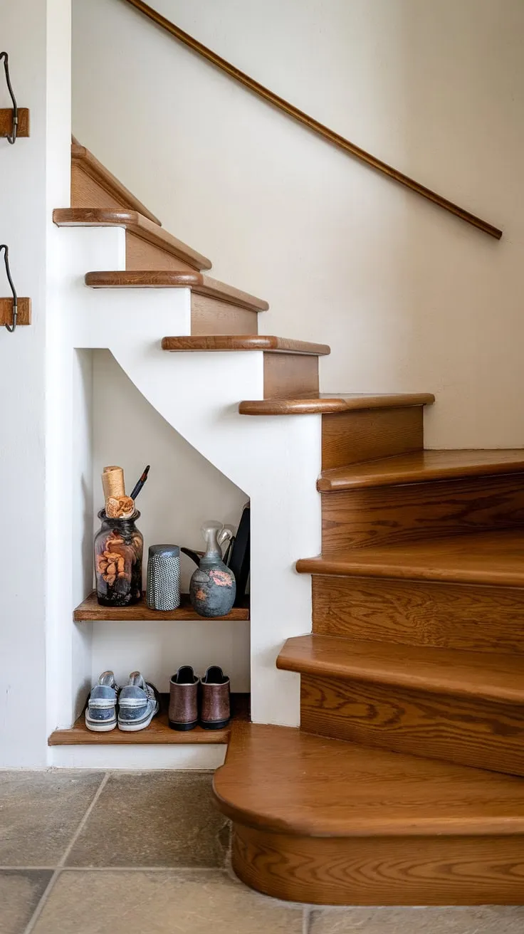 This charming entryway with stairs showcases clever stairs design with storage, maximizing space with a narrow shelf under the stairs. The curved staircase adds architectural interest, while the simple hooks on the wall and tiled floor complete the downstairs design ideas. This home stairwell ideas example demonstrates how to cleverly incorporate downstairs storage ideas and under stairs storage solutions, even in a smaller space. The potential for a small living room under stairs or even a staircase bar under stairs is evident in this efficient use of space. Consider these stair shelf ideas for your own home.