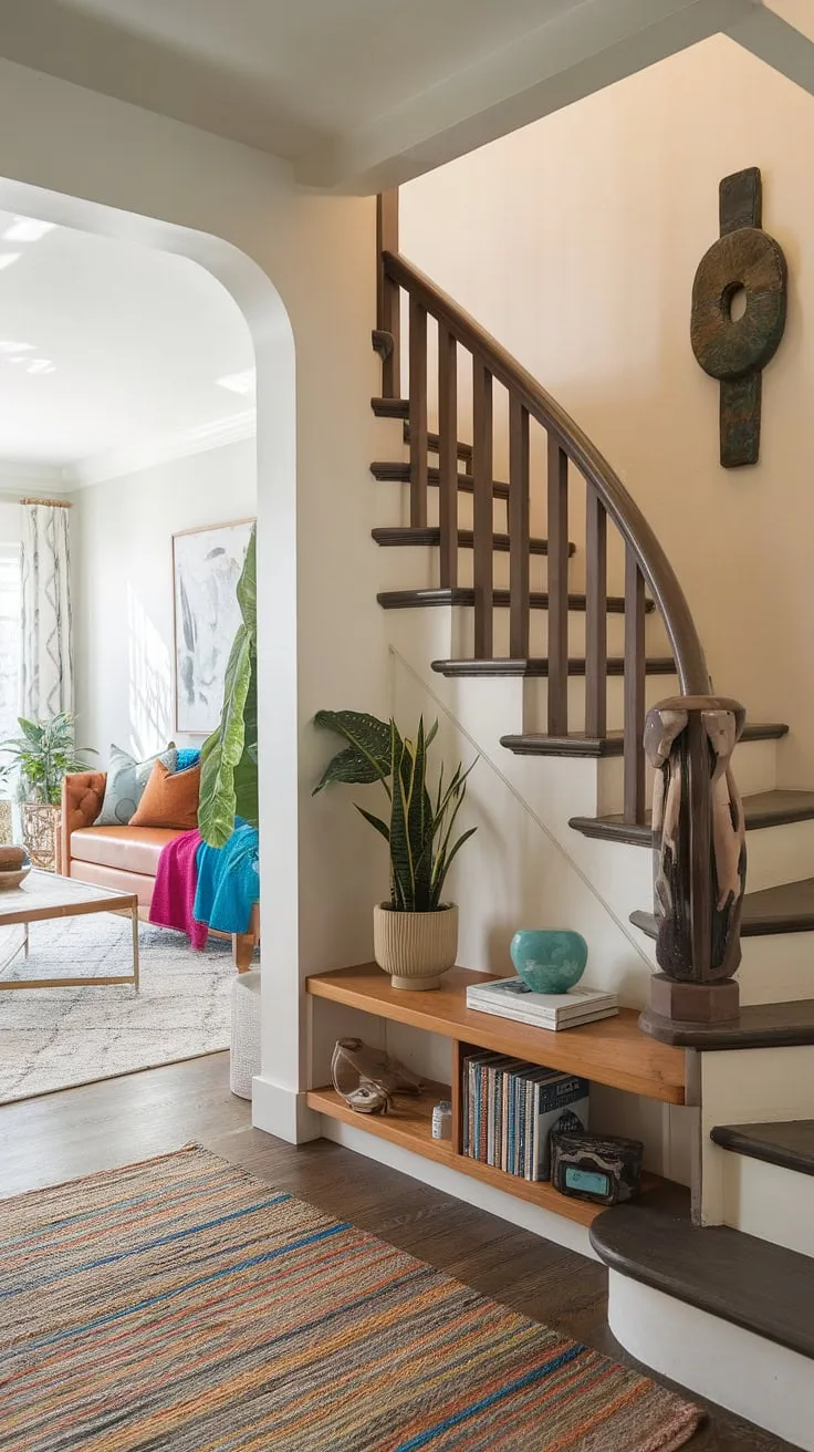 This small living room maximizes space with clever design. The entryway with stairs features a unique stairs design with storage, showcasing innovative home stairwell ideas. The white under stairs storage shelf provides ample downstairs storage ideas, a perfect example of below stairs interior design. Note the stylish curved railing and the potential for a staircase bar under stairs, though not implemented here. This small living room under stairs is a testament to efficient downstairs design ideas and creative stair shelf ideas.