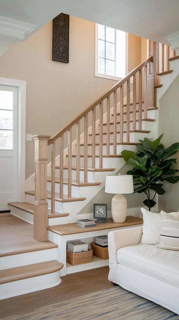 Clever stairs design with storage maximizes space in this charming entryway with stairs, offering brilliant downstairs storage ideas and a cozy small living room under stairs. The home stairwell ideas are perfectly complemented by the below stairs interior design.