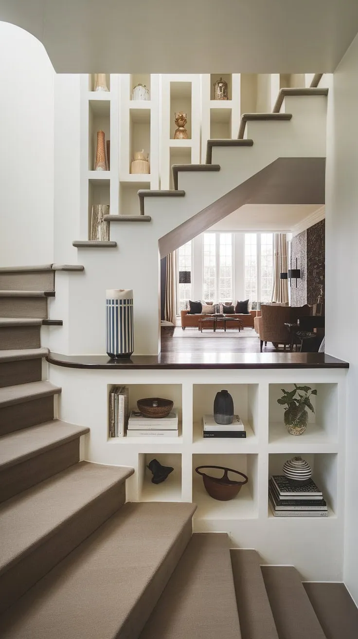 This modern entryway with stairs showcases clever stairs design with storage, maximizing space with built-in shelves under the stairs. The home stairwell ideas seamlessly integrate with the downstairs design ideas, creating a small living room under stairs and a unique staircase bar under stairs. These downstairs storage ideas, including the under stairs storage, offer both functionality and style. The below stairs interior design is a testament to efficient space planning, with stair shelf ideas adding to the overall aesthetic.