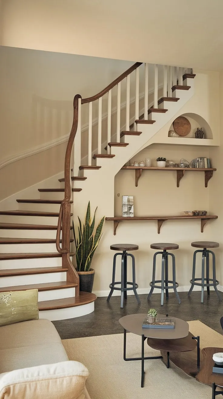 This small living room maximizes space with a cleverly designed entryway with stairs, featuring curved steps and a wooden banister. The stairs design with storage incorporates a charming bar and stools under the staircase, a perfect example of downstairs storage ideas and below stairs interior design. A shelf above the bar adds extra functionality, showcasing creative stair shelf ideas. This home stairwell ideas solution transforms unused space into a stylish and practical area, demonstrating smart downstairs design ideas and under stairs storage solutions. The overall effect is a cozy and inviting small living room under stairs.