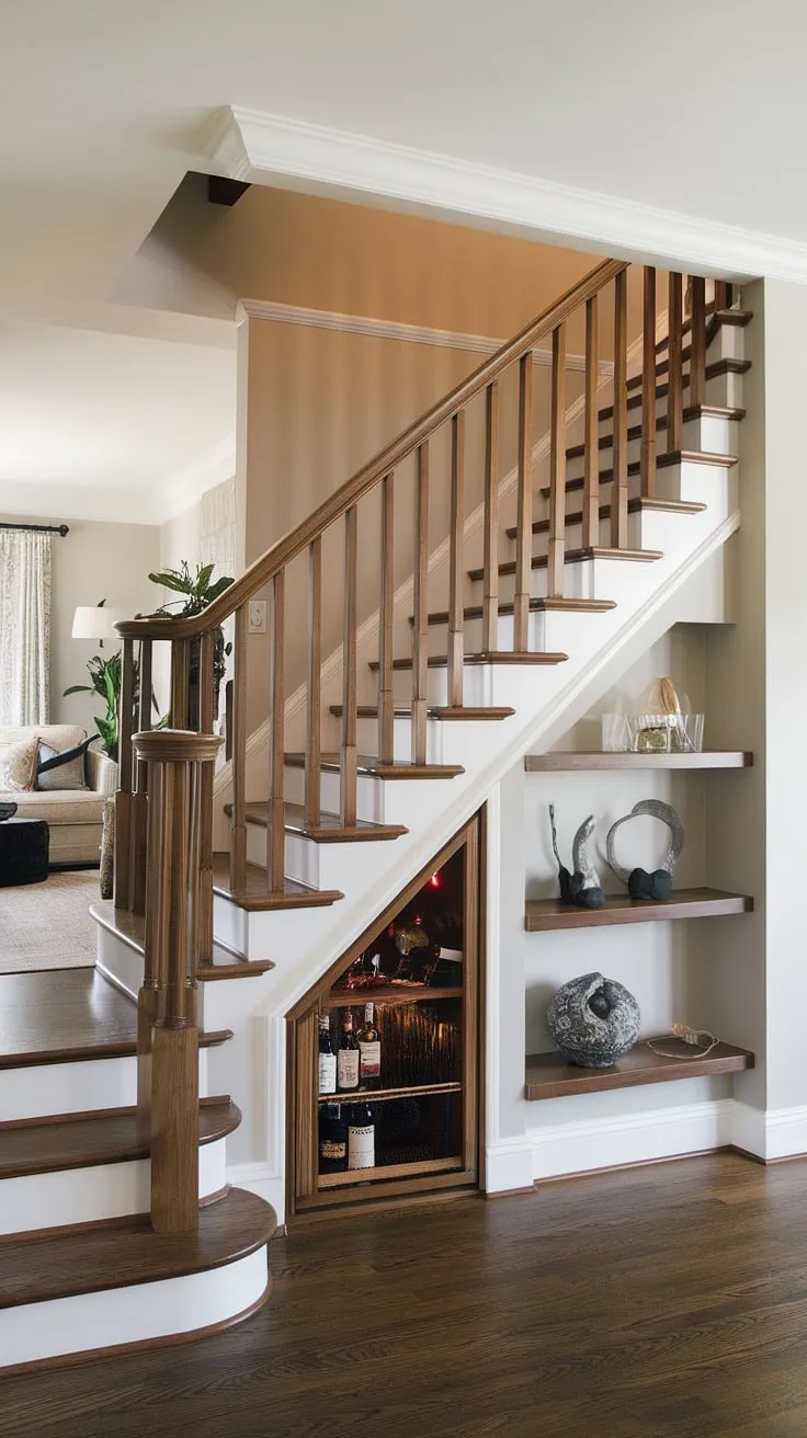 This entryway with stairs boasts a unique design, maximizing space with clever stairs design with storage. The staircase bar under stairs is a stylish addition, while the under stairs storage provides practical functionality. Home stairwell ideas like this seamlessly blend form and function. Note the small living room under stairs, a cozy retreat enhanced by the stair shelf ideas. Downstairs design ideas are elevated with the dark wood floors and the thoughtful below stairs interior design. Downstairs storage ideas don't get much better than this!