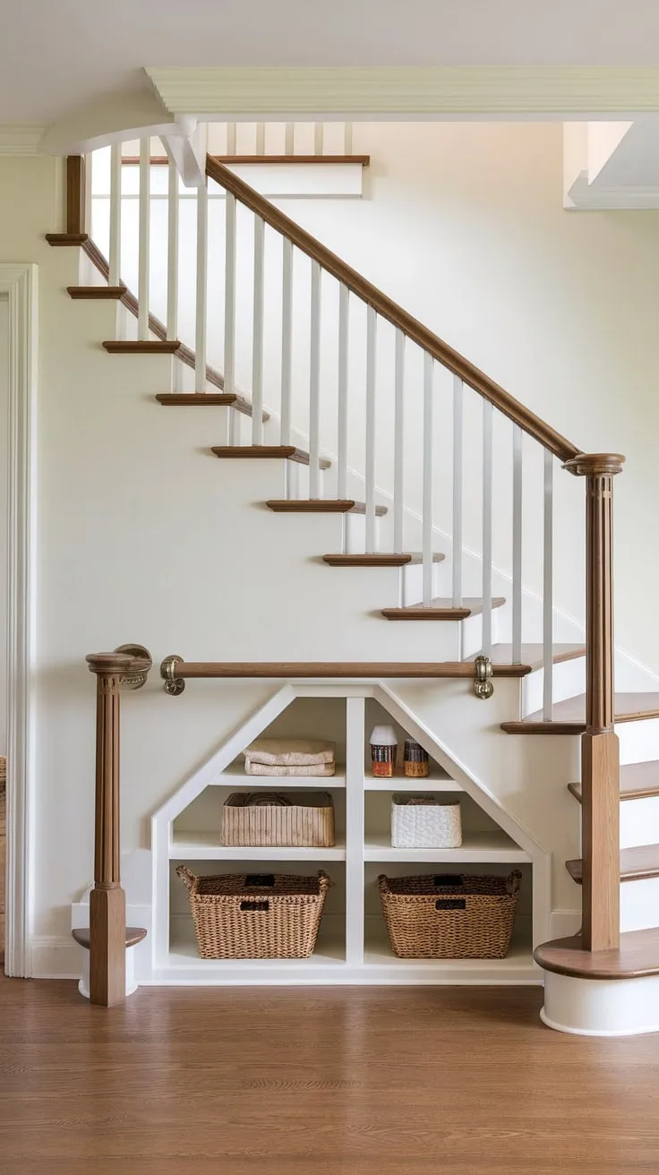 This entryway with stairs boasts a unique design, maximizing space with clever stairs design with storage and a built-in staircase bar under stairs. Home stairwell ideas don't get much better than this downstairs design ideas, showcasing downstairs storage ideas and under stairs storage solutions. The small living room under stairs is a testament to below stairs interior design brilliance, complete with thoughtful stair shelf ideas.