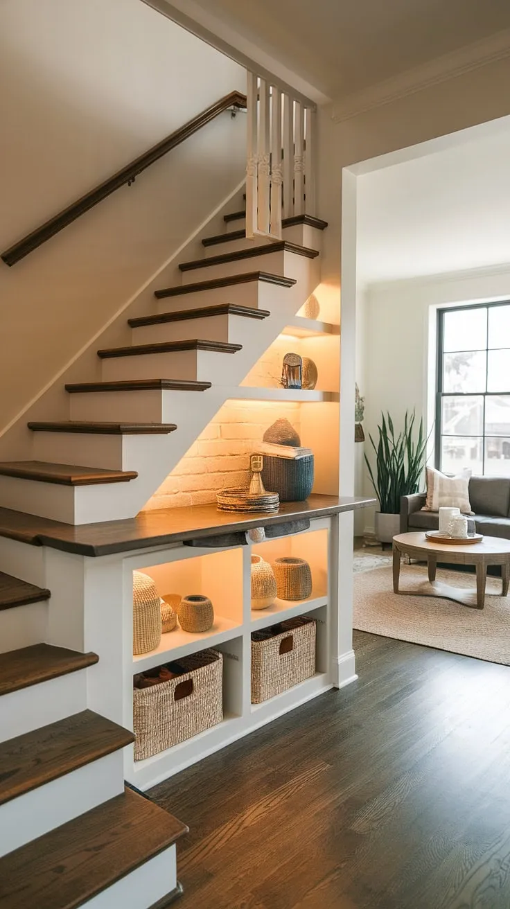 Clever stairs design with storage maximizes space in this entryway with stairs, creating a unique downstairs design and a cozy small living room under stairs. The staircase bar under stairs adds a touch of unexpected elegance.