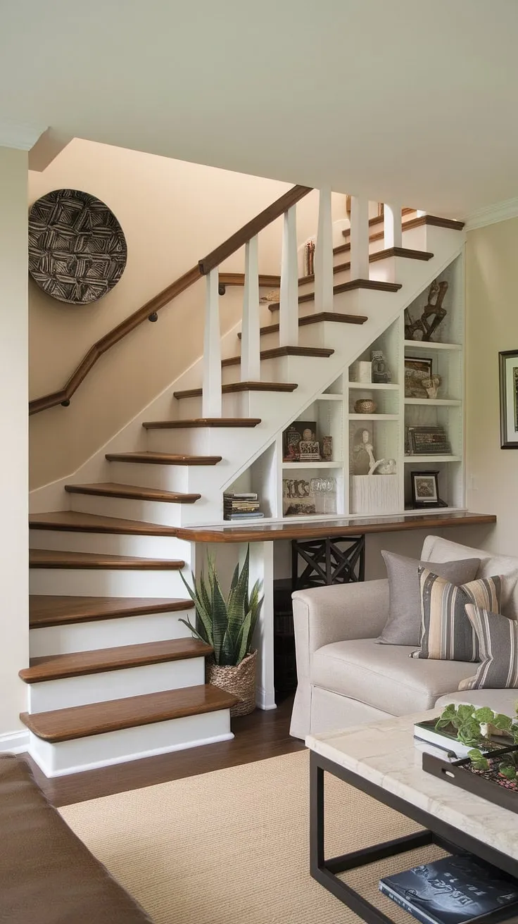 The beige walls create a calm backdrop for this ingenious downstairs design ideas, centered around an entryway with stairs. The stairs design with storage is a standout feature, with built-in shelves offering smart under stairs storage solutions. A mini bar tucked neatly under the stairs adds a sophisticated touch, while the wooden structure of the stairwell complements the overall aesthetic. This home stairwell ideas demonstrates how effective stair shelf ideas and below stairs interior design can be in maximizing space and style, even in a small living room under stairs.