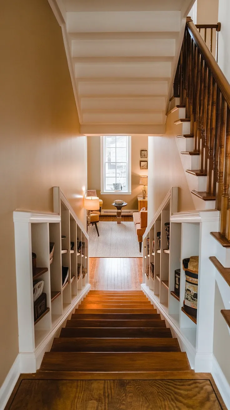 This charming entryway with stairs leads down to a delightful small living room under stairs. The unique stairs design with storage, featuring built-in shelves, offers brilliant under stairs storage solutions. These home stairwell ideas and downstairs design ideas are perfectly executed, maximizing space and creating a warm atmosphere. The clever use of stair shelf ideas provides ample storage while showcasing a stylish below stairs interior design. Consider this inspiration for your own downstairs storage ideas, perhaps even incorporating a staircase bar under stairs in a similar setting.
