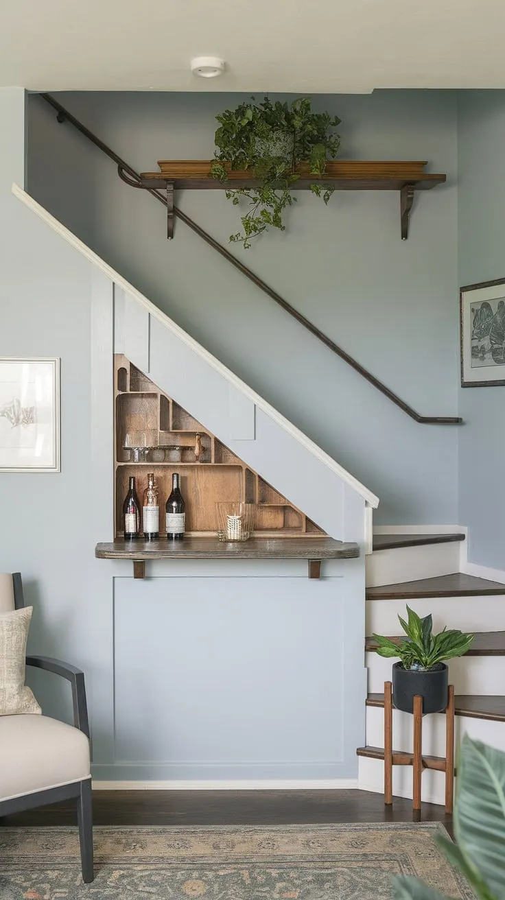 Clever stairs design with storage transforms this small living room into a stylish and functional space. This entryway with stairs showcases brilliant home stairwell ideas, including downstairs storage ideas and a unique staircase bar under stairs. Below stairs interior design at its finest!
