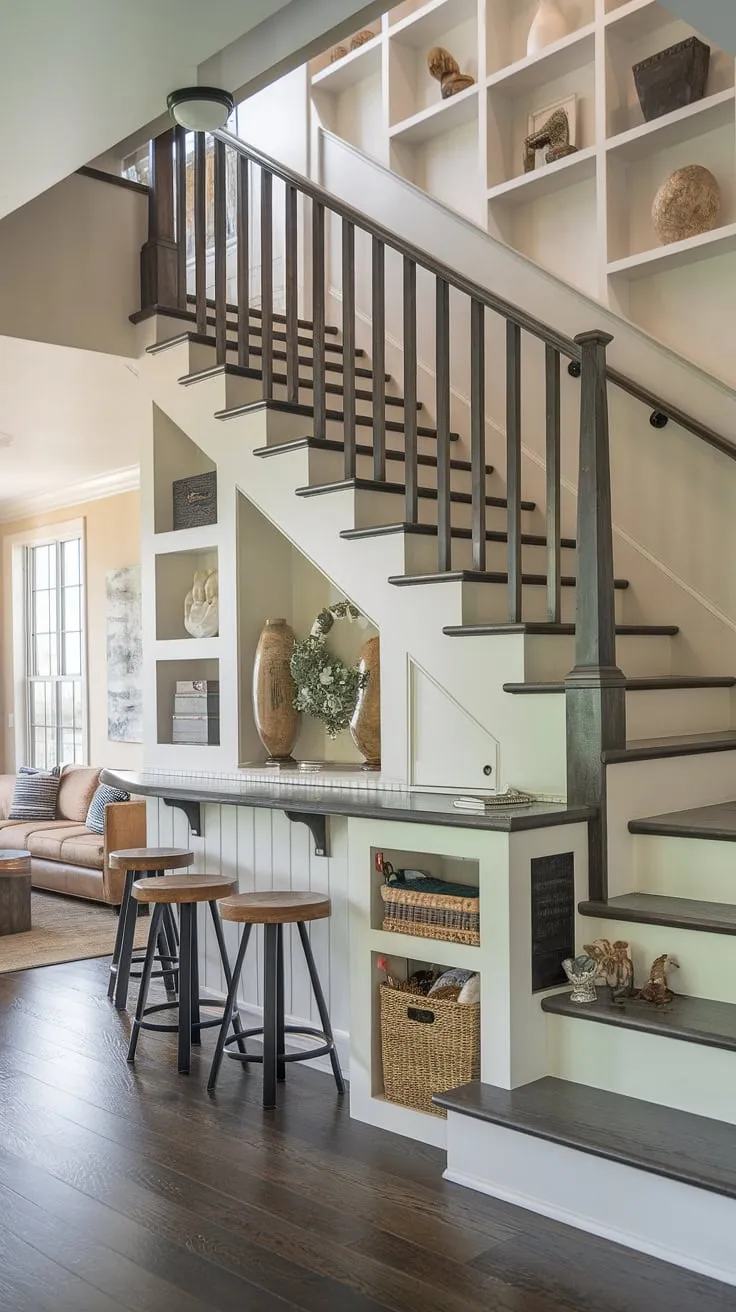 This stunning entryway with stairs showcases a truly unique stairs design with storage, maximizing space with clever home stairwell ideas. The downstairs design ideas are brilliantly executed, featuring a built-in bar under the stairs, complete with stools, and a small living room under stairs for cozy relaxation. The under stairs storage is seamlessly integrated, and the stair shelf ideas add both style and functionality. The below stairs interior design is both practical and aesthetically pleasing.