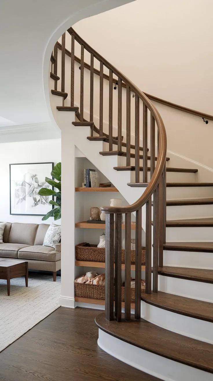 This stunning entryway with stairs makes the most of every inch, showcasing clever stairs design with storage and downstairs storage ideas. The small living room under stairs is a cozy haven, perfectly complemented by the stair shelf ideas and below stairs interior design.
