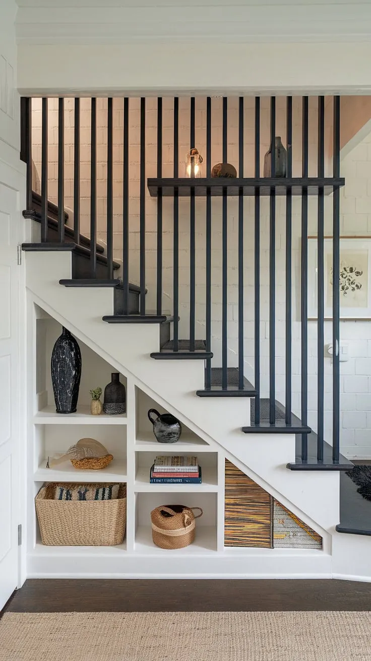 A minimalist home's entryway with stairs is transformed by ingenious stairs design with storage. The under stairs storage cleverly accommodates a small living room under stairs, a fantastic downstairs design ideas solution. Note the practical stair shelf ideas and the potential for a staircase bar under stairs (though not visible). This exemplifies innovative home stairwell ideas and below stairs interior design, providing ample downstairs storage ideas within a compact footprint.