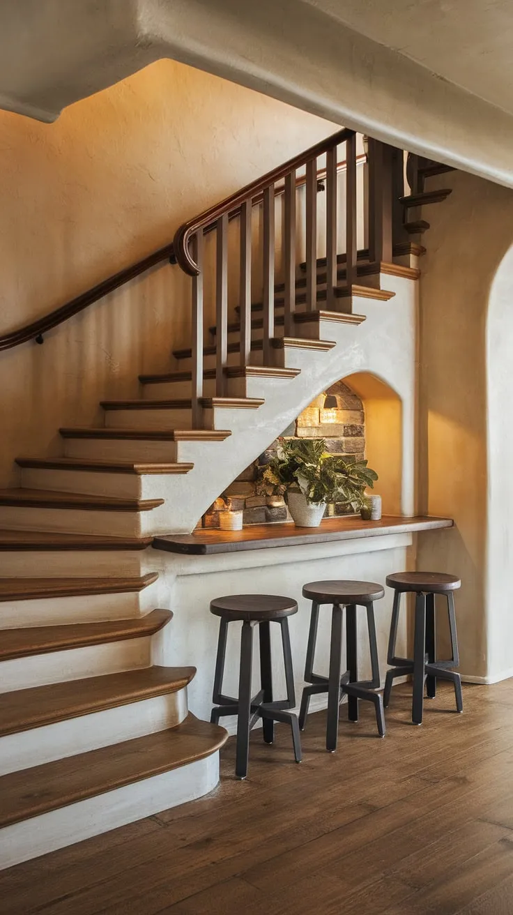 This entryway with stairs makes the most of every inch, showcasing clever stairs design with storage and a unique staircase bar under stairs. The small living room under stairs is a cozy surprise.