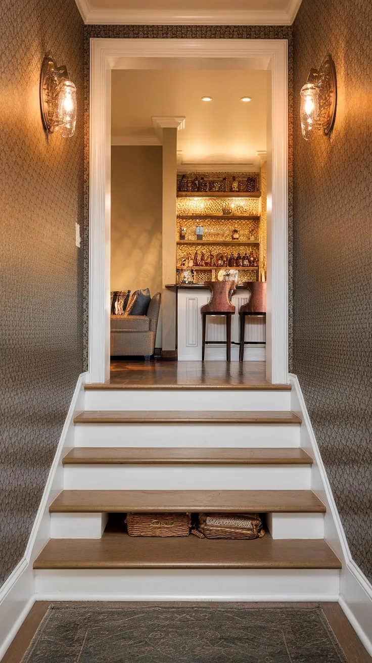 Warm lighting illuminates this inviting entryway with stairs leading down to a cozy living room. The clever stairs design with storage, featuring a built-in shelf at the bottom, maximizes space. This is a perfect example of home stairwell ideas and downstairs design ideas, showcasing practical downstairs storage ideas and under stairs storage solutions. The below stairs interior design includes a small bar and comfortable couch, creating a unique and functional space. Consider this staircase bar under stairs and small living room under stairs setup for inspiration, along with the creative stair shelf ideas.