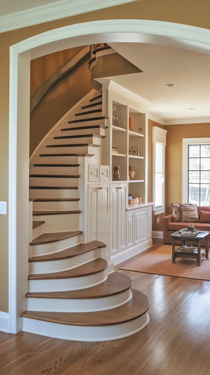 The home stairwell ideas in this image are truly inspiring. Note the efficient use of space with downstairs design ideas, including downstairs storage ideas and under stairs storage solutions cleverly integrated into the stairs design with storage. The curved staircase leads to an upper level, while below stairs interior design creates a small living room under stairs, perfect for a cozy seating arrangement. The built-in shelving offers practical stair shelf ideas, and the overall design suggests the potential for a staircase bar under stairs, making this entryway with stairs both beautiful and functional.
