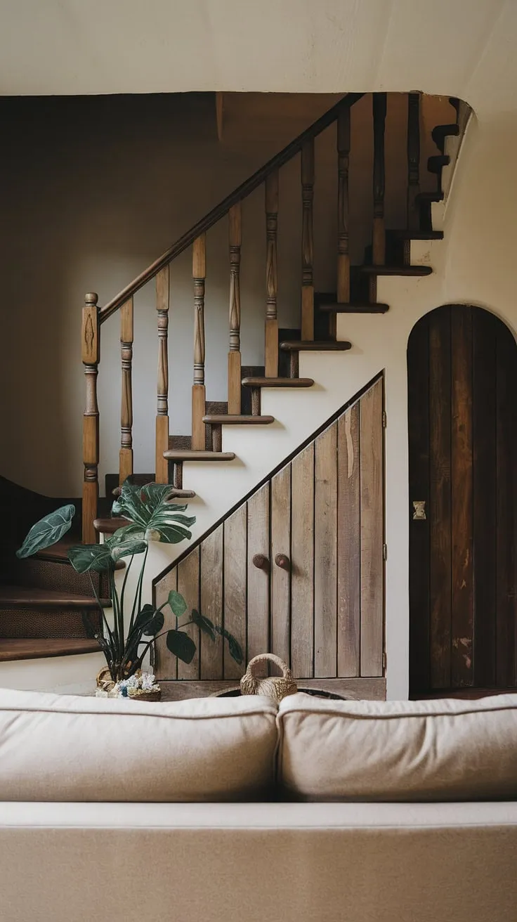 This small living room maximizes space with a clever entryway with stairs design. The stairs design with storage incorporates a wooden door concealing under stairs storage, a brilliant downstairs storage ideas solution. The darkly lit area above hints at a cozy upstairs retreat, while the beige sofa and plants create a welcoming downstairs design ideas atmosphere. This home stairwell ideas showcases how to seamlessly integrate functionality and style, even with limited square footage. Consider this below stairs interior design for your own home, perhaps even incorporating stair shelf ideas for extra display space. A staircase bar under stairs could also be a fun addition in a larger space.