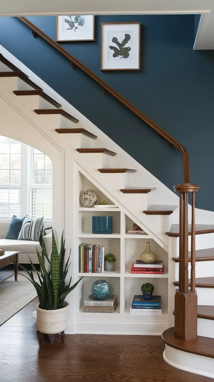 This entryway with stairs showcases ingenious downstairs storage ideas. The stairs design with storage, complete with stair shelf ideas, creates a unique home stairwell ideas and a charming small living room under stairs. A staircase bar under stairs and a deep blue wall complete this below stairs interior design.