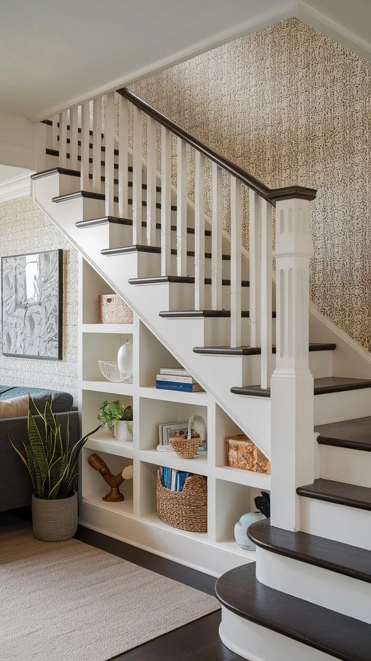 This entryway with stairs is a masterclass in space optimization. The stairs design with storage, including a built-in staircase bar under stairs, is both practical and aesthetically pleasing. Explore these downstairs design ideas and downstairs storage ideas for your own home, featuring under stairs storage and clever stair shelf ideas. The small living room under stairs completes this charming home stairwell ideas.