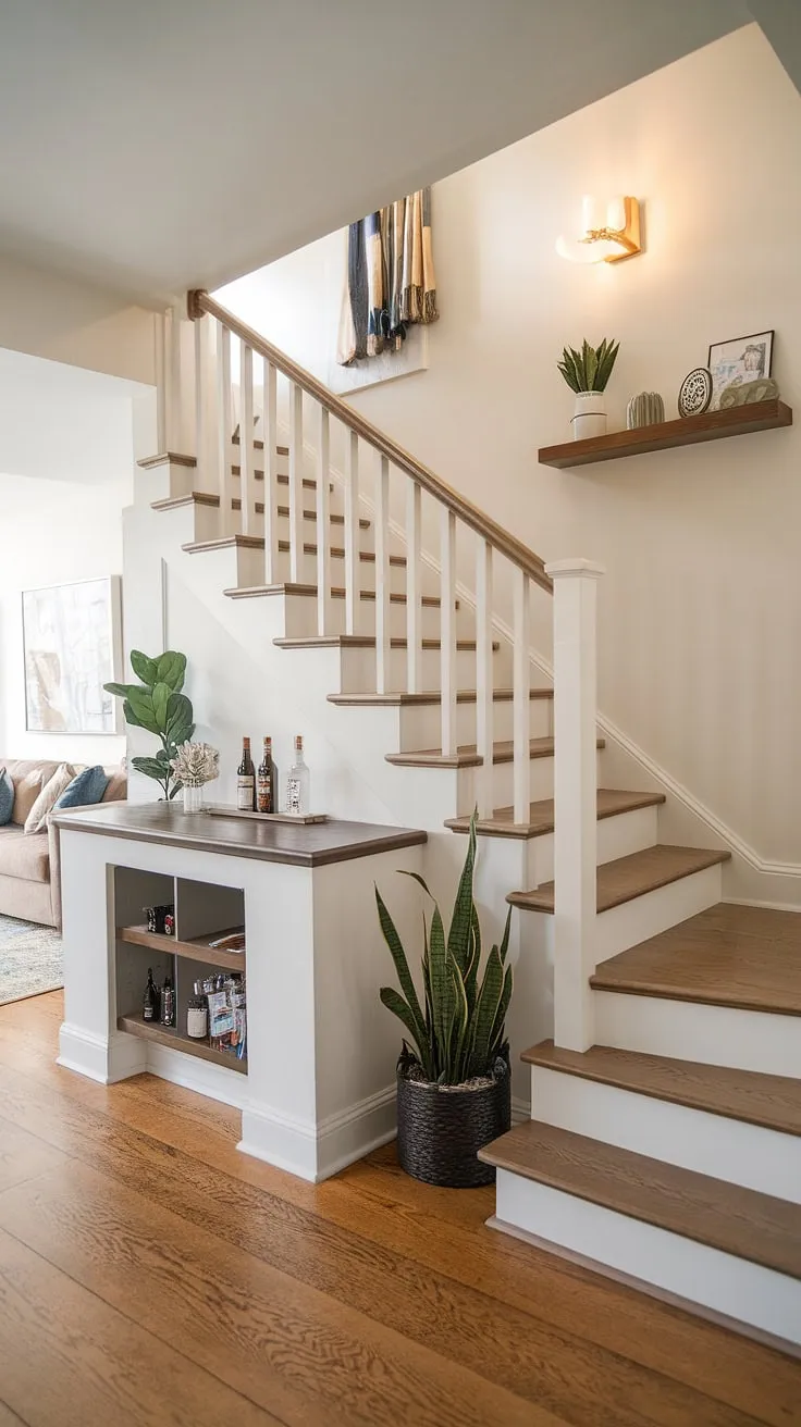 This entryway with stairs is a masterpiece of under stairs storage. The stairs design with storage cleverly incorporates a staircase bar under stairs and a small living room under stairs, offering brilliant home stairwell ideas and downstairs design ideas. Note the practical stair shelf ideas too.