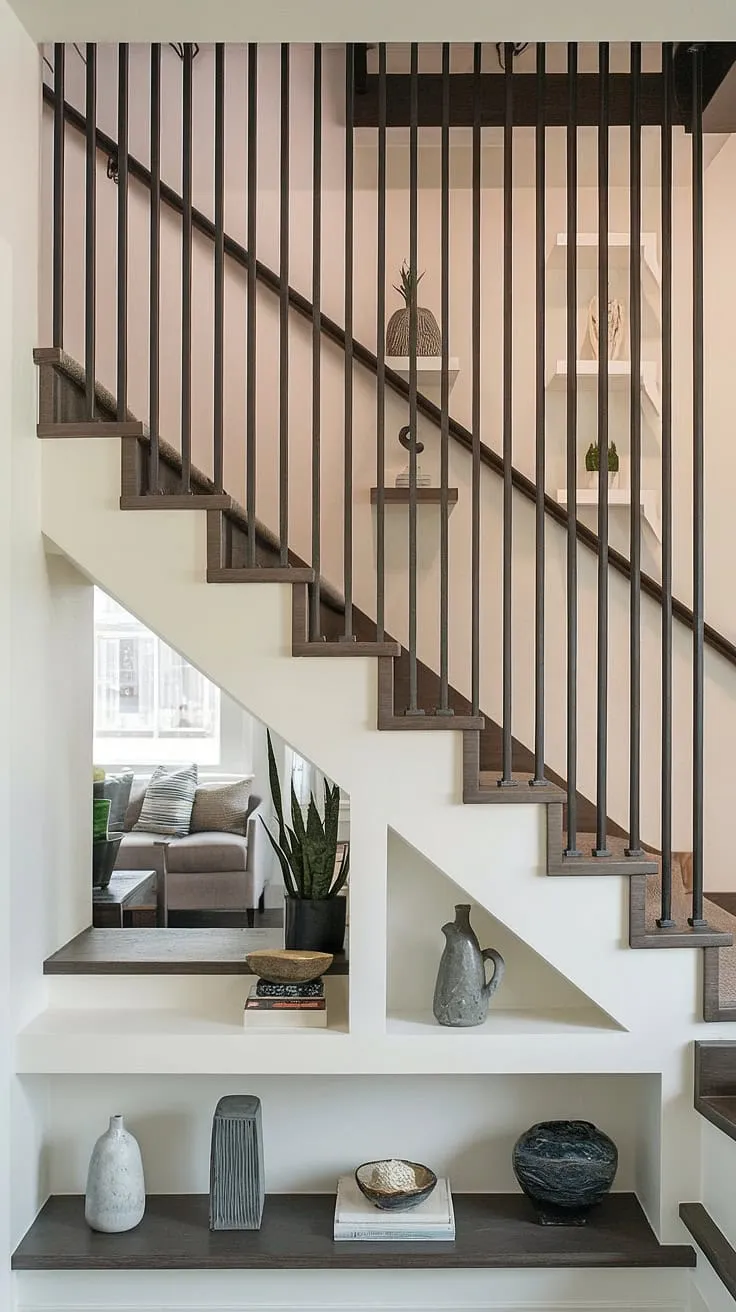 This stunning entryway with stairs showcases a unique stairs design with storage, maximizing space with clever under stairs storage. The modern home stairwell ideas are complemented by downstairs design ideas, including a small living room under stairs and a thoughtfully designed stair shelf, perfect for displaying decorative items. Below stairs interior design is taken to a new level with the addition of a shelf below the staircase, offering practical downstairs storage ideas. The metal rod railing adds a touch of industrial chic.
