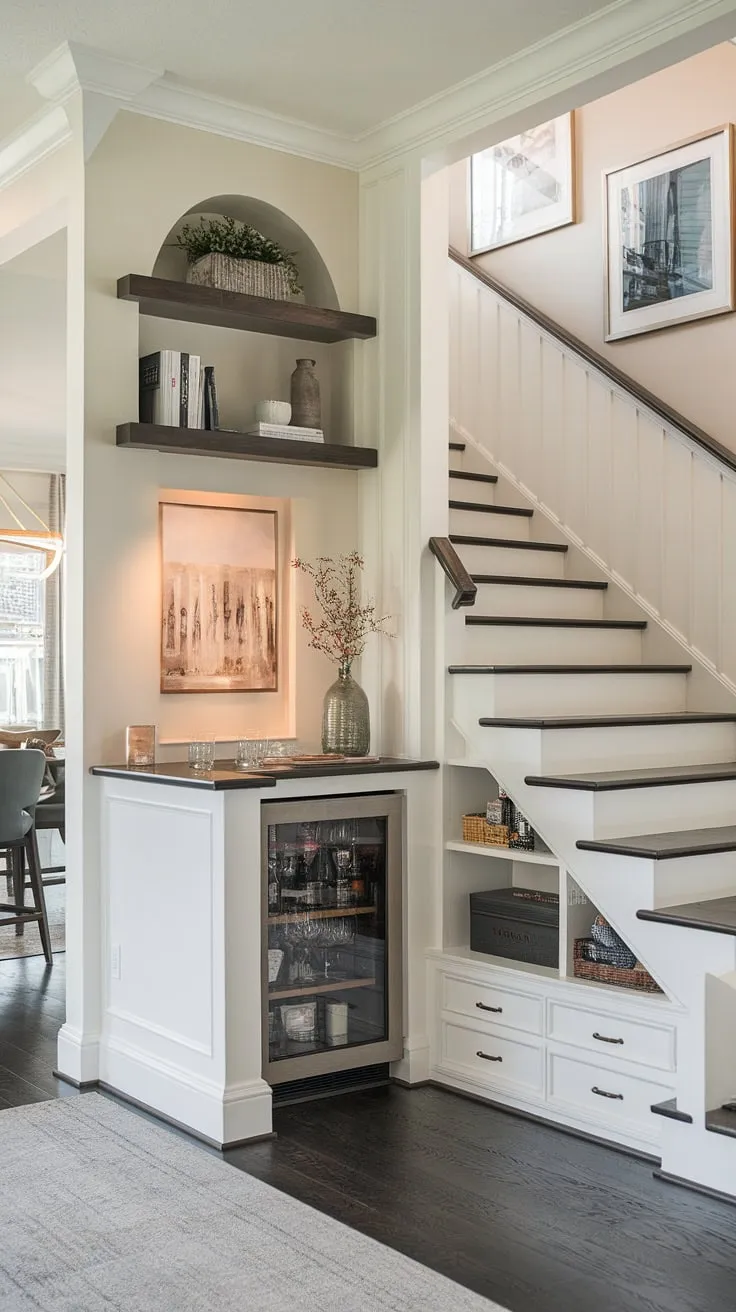 This modern home boasts a cleverly designed entryway with stairs, maximizing space with integrated storage solutions. The stairs design with storage provides ample room, while the under stairs storage cleverly conceals clutter. Home stairwell ideas like this showcase how to incorporate a small living room under stairs, complete with a unique staircase bar under stairs. Above the stairs, a stylish stair shelf adds extra display space, offering practical downstairs design ideas and downstairs storage ideas. The below stairs interior design is a testament to efficient space planning.