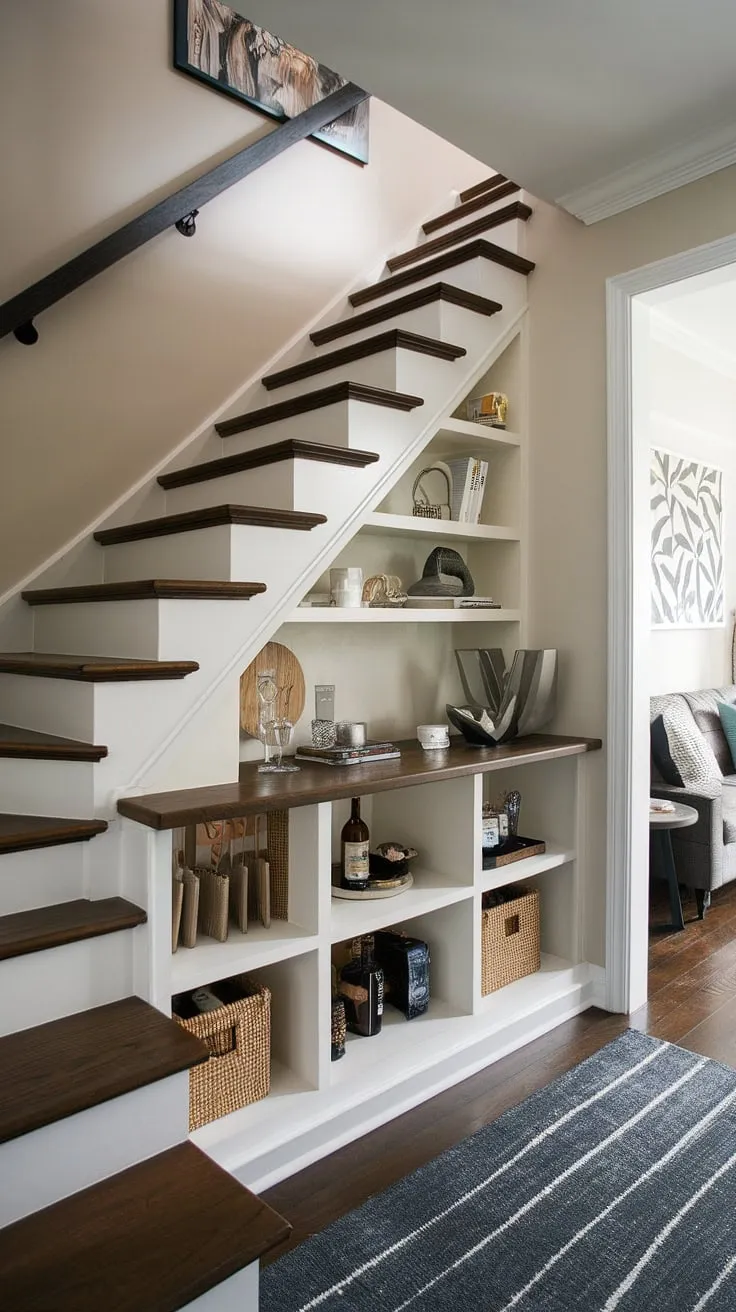This entryway with stairs showcases ingenious under stairs storage, creating a small living room and a surprising staircase bar under stairs. Explore these downstairs storage ideas and stair shelf ideas for your own home stairwell ideas and below stairs interior design.