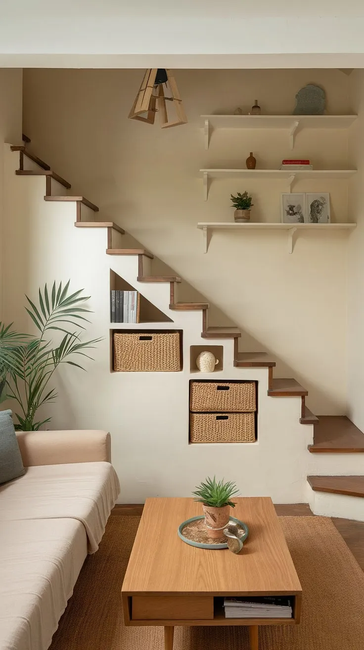 This small living room cleverly maximizes space with an entryway featuring stairs boasting a unique design. The stairs design with storage, incorporating under stairs storage, provides ample hidden storage below each step. Above, stair shelf ideas add extra display space. This home stairwell ideas showcases ingenious downstairs design ideas and downstairs storage ideas, transforming what could be wasted space into a functional and stylish element. The beige sofa and wooden coffee table create a calm atmosphere, while the potted plant adds a touch of life. A staircase bar under stairs could even be incorporated for added functionality in this small living room under stairs.