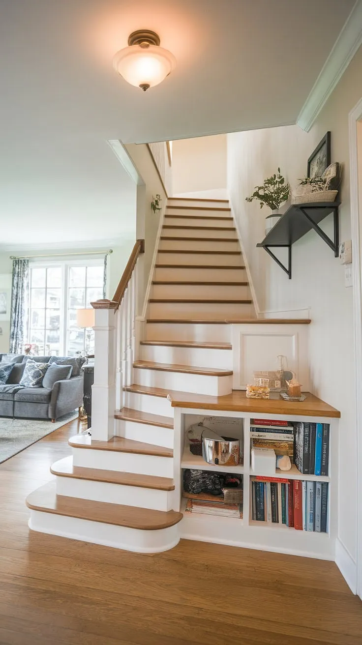 Smart stairs design with storage maximizes space in this charming entryway with stairs, offering clever downstairs storage ideas and a cozy small living room under stairs.