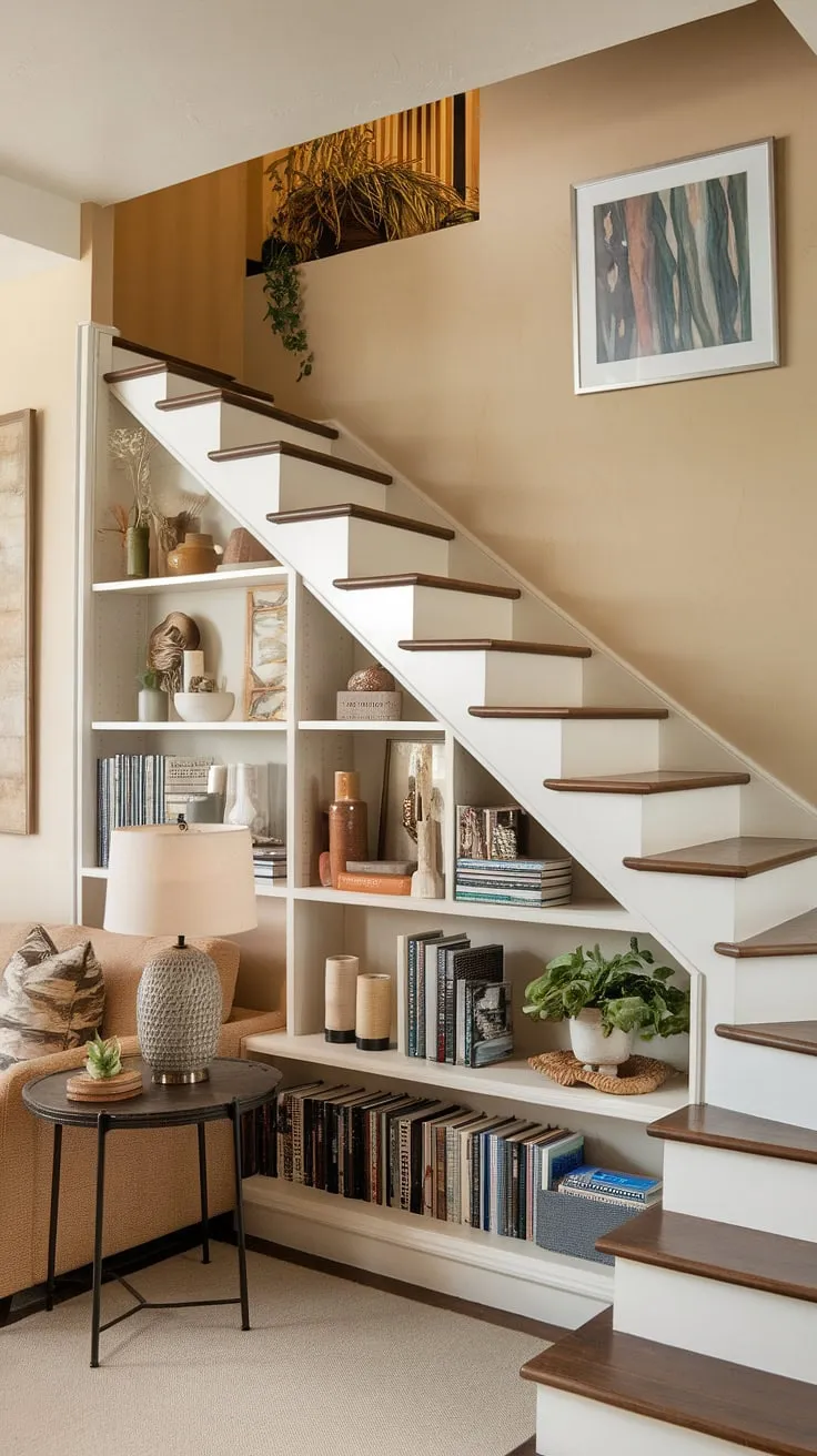 Step into a home brimming with clever design! This entryway with stairs showcases ingenious stairs design with storage, transforming the space under the stairs into a functional and stylish bookshelf. The home stairwell ideas are truly inspiring, maximizing space with downstairs storage ideas and a unique below stairs interior design. A small living room under stairs adds to the cozy ambiance, while the stair shelf ideas provide extra display space. This is the perfect example of downstairs design ideas, proving that even a small area can be both beautiful and practical. The staircase bar under stairs is a clever touch, adding a touch of sophistication.