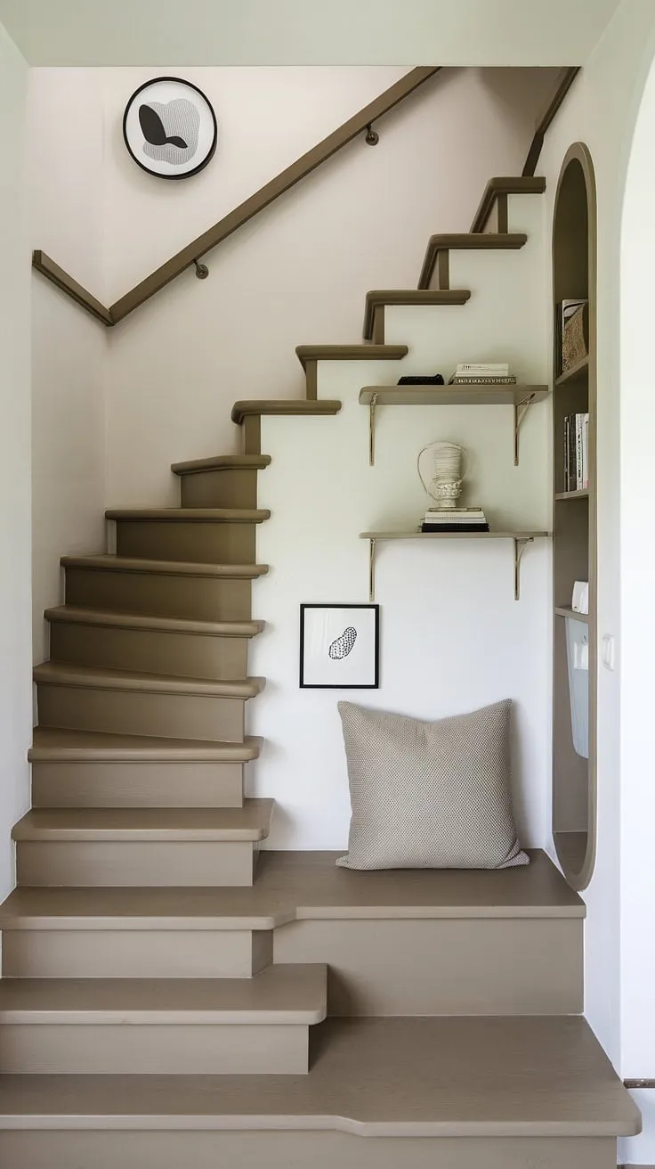 This minimalist entryway with stairs showcases a clever stairs design with storage, maximizing space with under stairs storage. The home stairwell ideas are brilliantly executed, transforming the area below the stairs into a cozy small living room under stairs, complete with a built-in staircase bar under stairs. Note the practical stair shelf ideas and the overall downstairs design ideas, proving that even downstairs storage ideas can be stylish and functional.