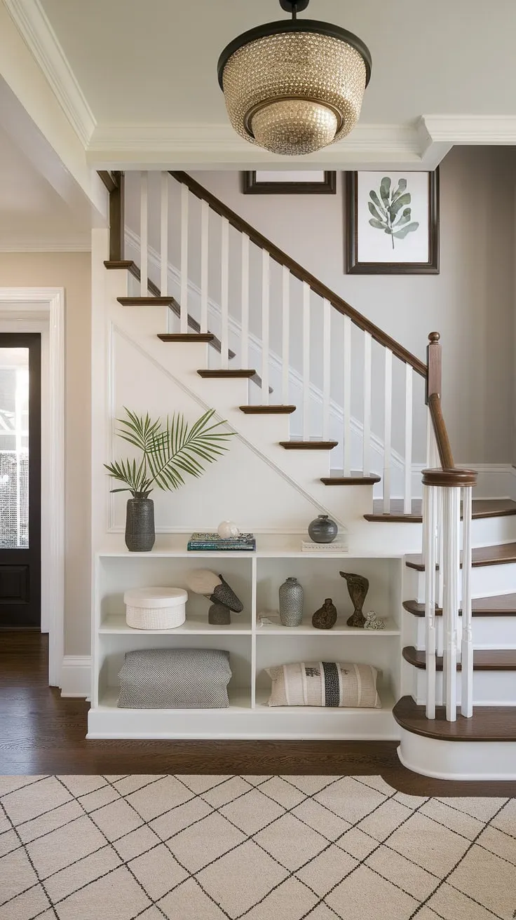 Modern and versatile, this entryway with stairs showcases innovative stairs design with storage, from a stair shelf to a cleverly concealed downstairs living area. Home stairwell ideas don't get much better than this.