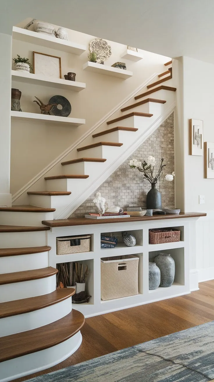 This entryway with stairs showcases ingenious under stairs storage, creating a cozy small living room and a unique staircase bar under stairs. Explore these downstairs storage ideas and stair shelf ideas for your own home stairwell ideas and below stairs interior design.