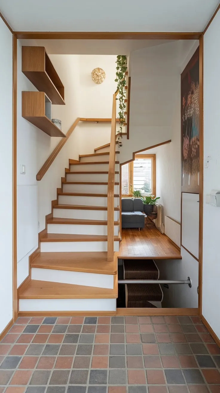 Modern minimalism meets maximum function in this entryway with stairs. Clever stairs design with storage, including a staircase bar under stairs and stair shelf ideas, maximizes space. Brilliant home stairwell ideas and downstairs design ideas for a small living room under stairs.