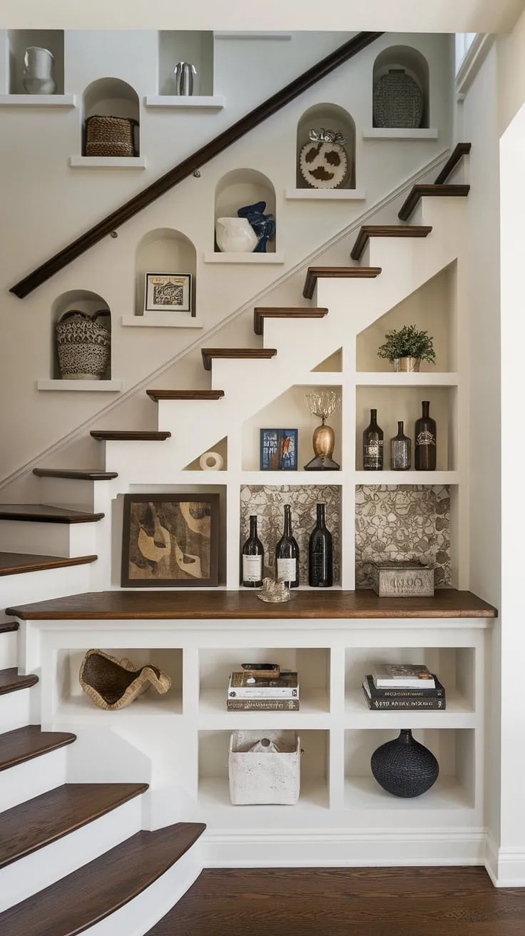 Stunning downstairs storage ideas transform this entryway with stairs into a stylish and functional hub. The below stairs interior design, featuring a built-in bar and small living room under stairs, offers unique home stairwell ideas and clever stair shelf ideas. A perfect example of stairs design with storage.