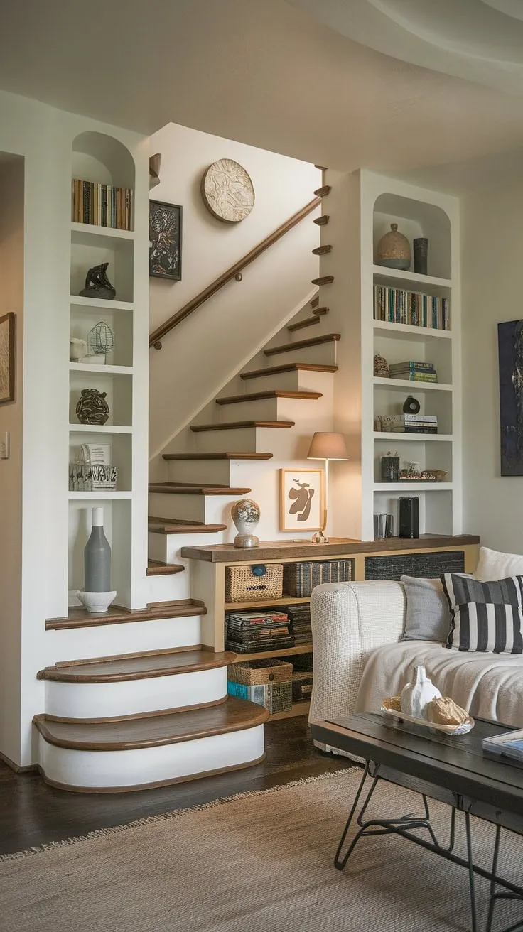 This entryway with stairs maximizes space with clever stairs design with storage, showcasing brilliant home stairwell ideas and downstairs design ideas. The downstairs storage ideas, including under stairs storage and a staircase bar under stairs, are perfectly complemented by the small living room under stairs. Clever stair shelf ideas complete this efficient and stylish design.