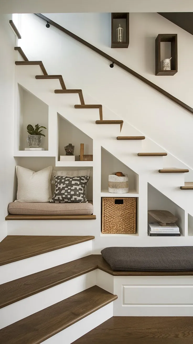 Stunning entryway with stairs showcasing innovative stairs design with storage. Below stairs interior design includes a cozy seating area and smart downstairs storage ideas, perfect examples of stair shelf ideas and even a potential staircase bar under stairs.