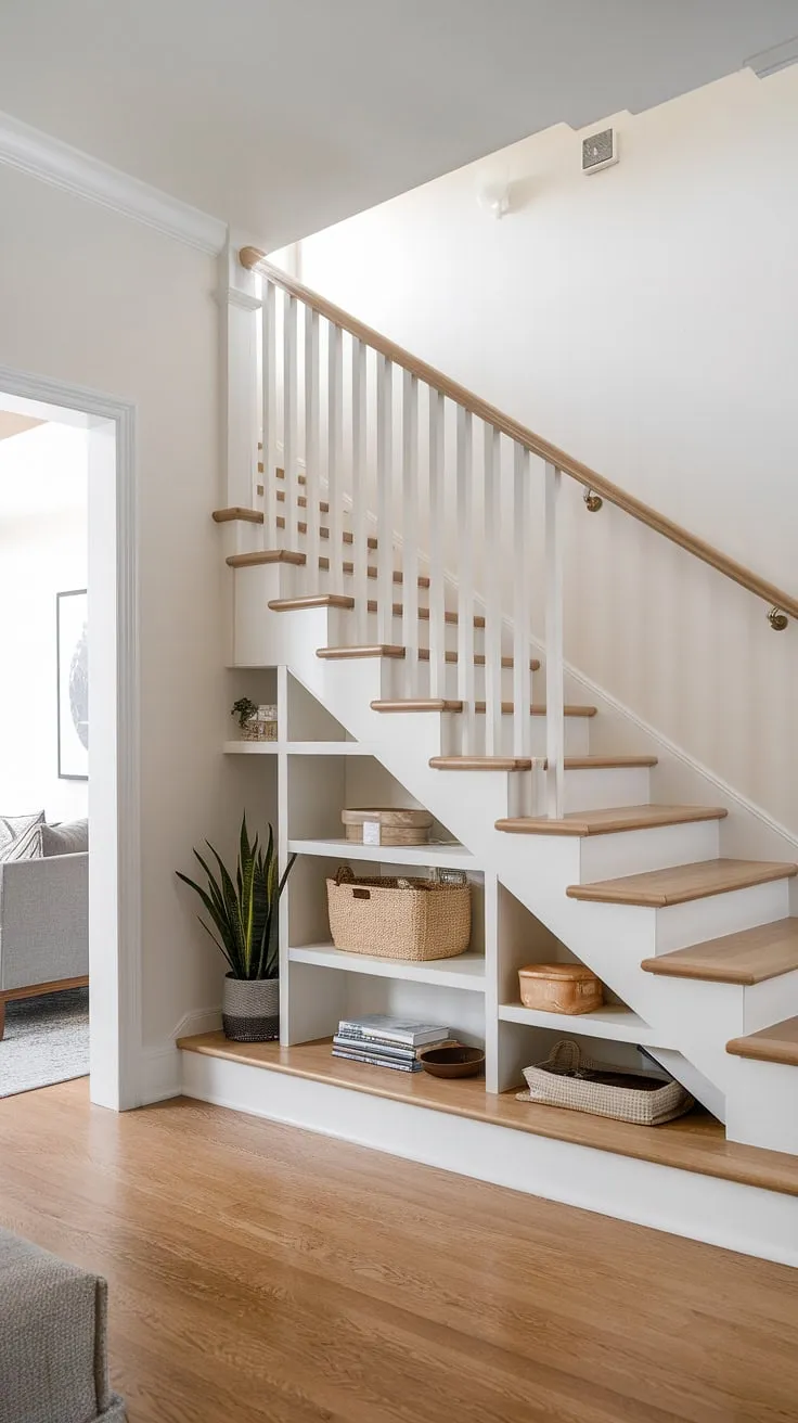 This entryway with stairs maximizes space with clever stairs design with storage, showcasing brilliant home stairwell ideas and downstairs design ideas. The under stairs storage and below stairs interior design, including a staircase bar under stairs and small living room under stairs, are truly inspiring. Clever stair shelf ideas complete this functional and stylish home.