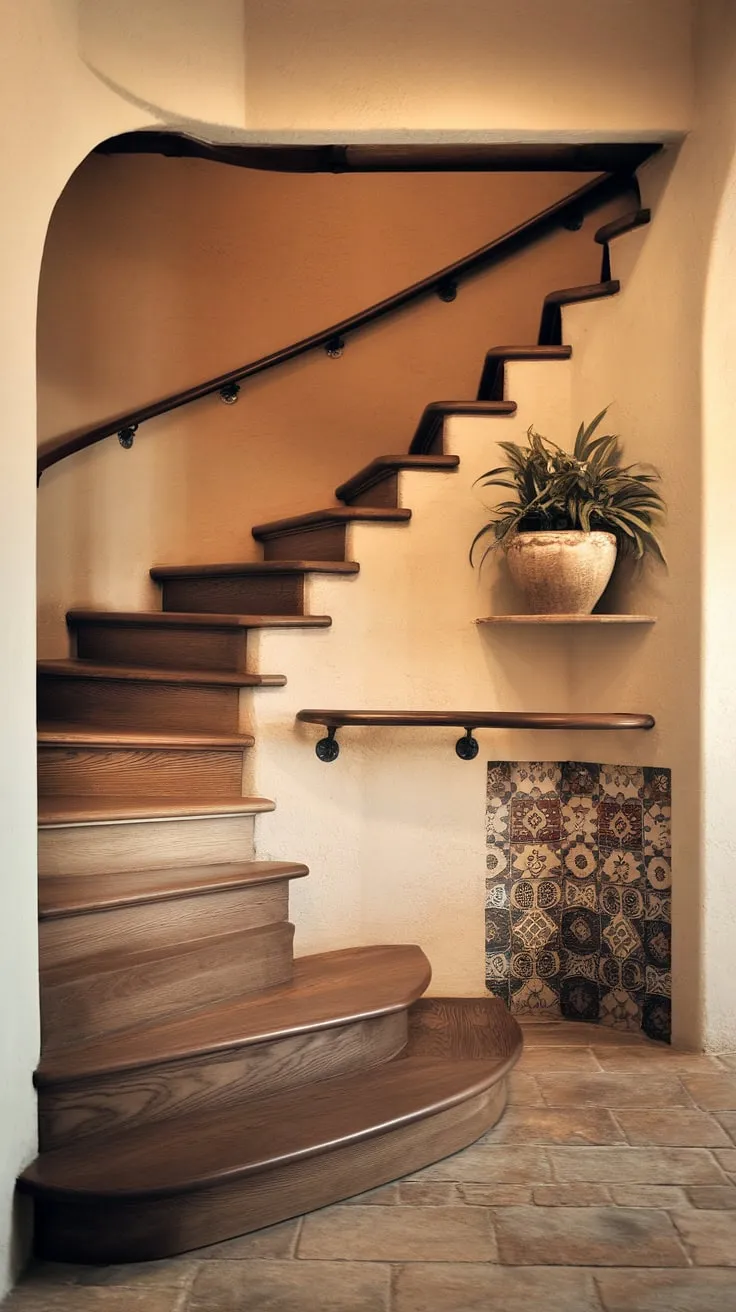 Elegant downstairs storage ideas are showcased in this stunning entryway with stairs. The below stairs interior design features a staircase bar under stairs and a stair shelf ideas, proving that under stairs storage can be both beautiful and practical.