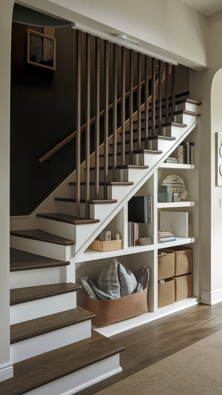 This stunning entryway with stairs showcases ingenious stairs design with storage, maximizing space with clever home stairwell ideas. The downstairs design ideas are equally impressive, featuring a small living room under stairs and a unique staircase bar under stairs, all complemented by practical stair shelf ideas for additional under stairs storage. The below stairs interior design is minimalist yet functional, proving that even limited space can be stylish and efficient.