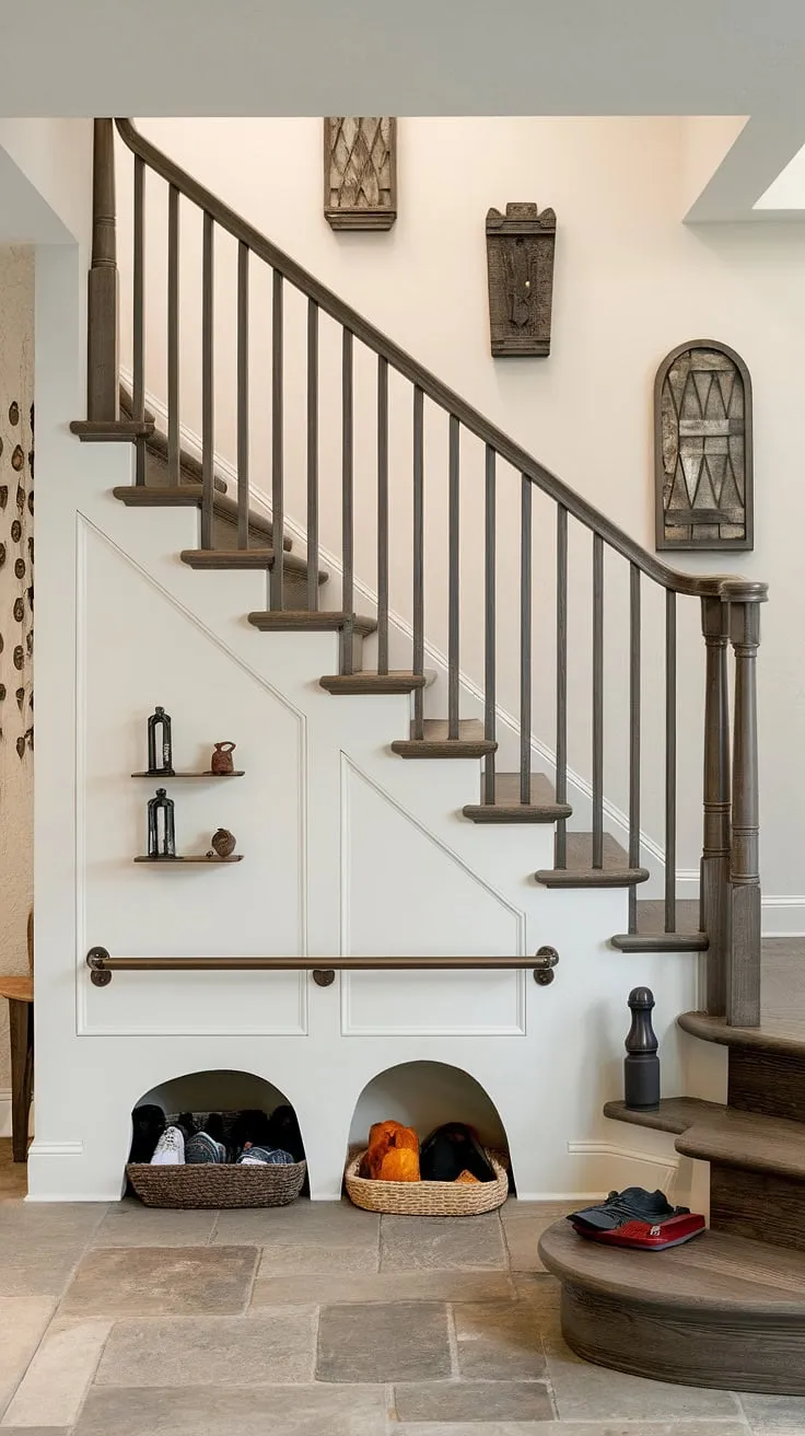 Clever stairs design with storage maximizes space in this stunning entryway with stairs. Home stairwell ideas like this offer brilliant downstairs design ideas, including under stairs storage and a small living room under stairs, complete with a staircase bar under stairs and stair shelf ideas.