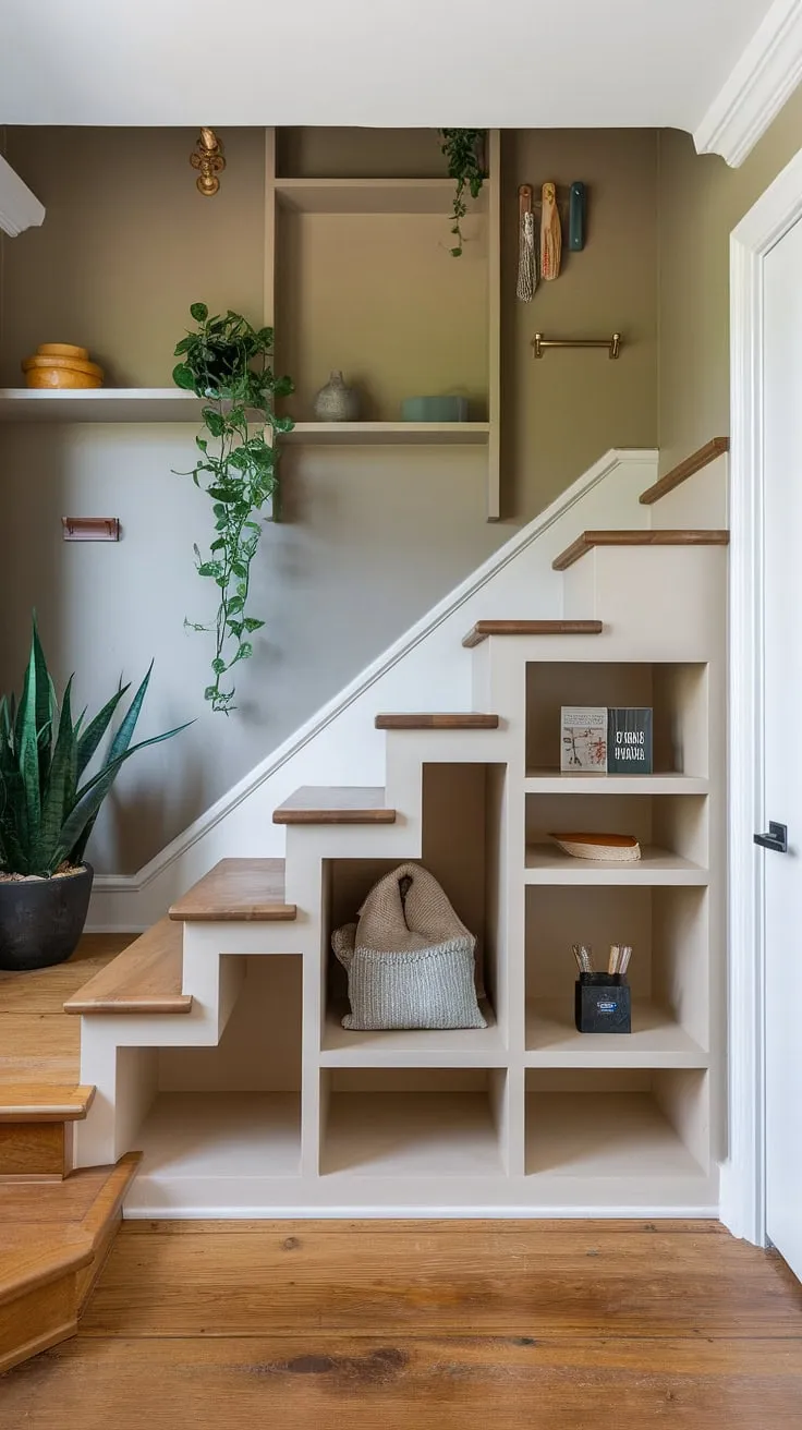 Clever downstairs design ideas are on full display in this entryway with stairs. The stairs design with storage is a masterclass in maximizing space, featuring under stairs storage cleverly divided into sections, including a surprising staircase bar under stairs. This below stairs interior design is a dream, offering ample storage and a unique small living room under stairs. Note the thoughtful stair shelf ideas and the overall home stairwell ideas showcased in this design. The warm wood flooring completes the look.