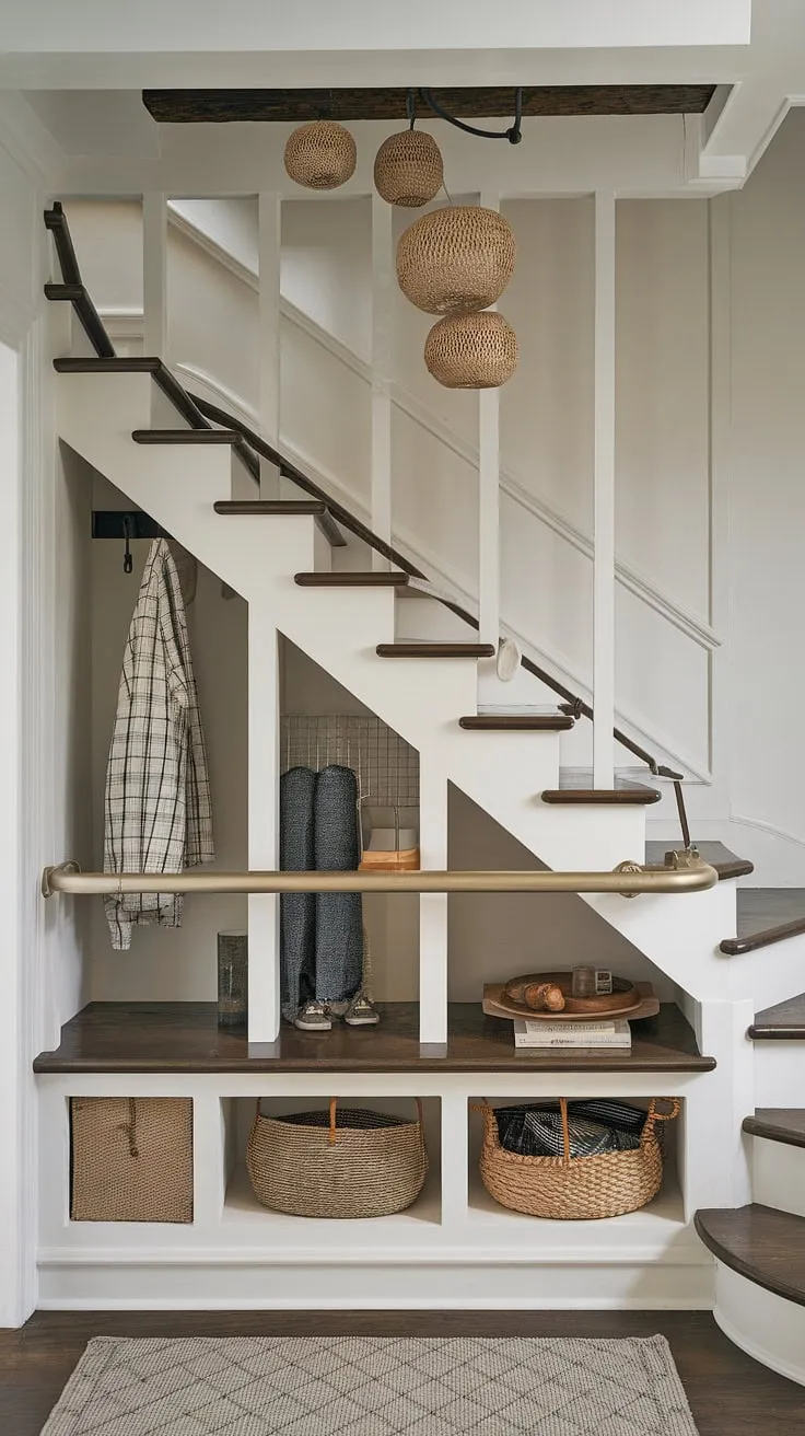 This modern entryway with stairs showcases ingenious stairs design with storage, maximizing space with a built-in bar under the stairs. The clever downstairs design ideas include under stairs storage and a stair shelf, transforming the often-unused area below stairs into a functional and stylish small living room under stairs. This home stairwell ideas example demonstrates excellent below stairs interior design and downstairs storage ideas.