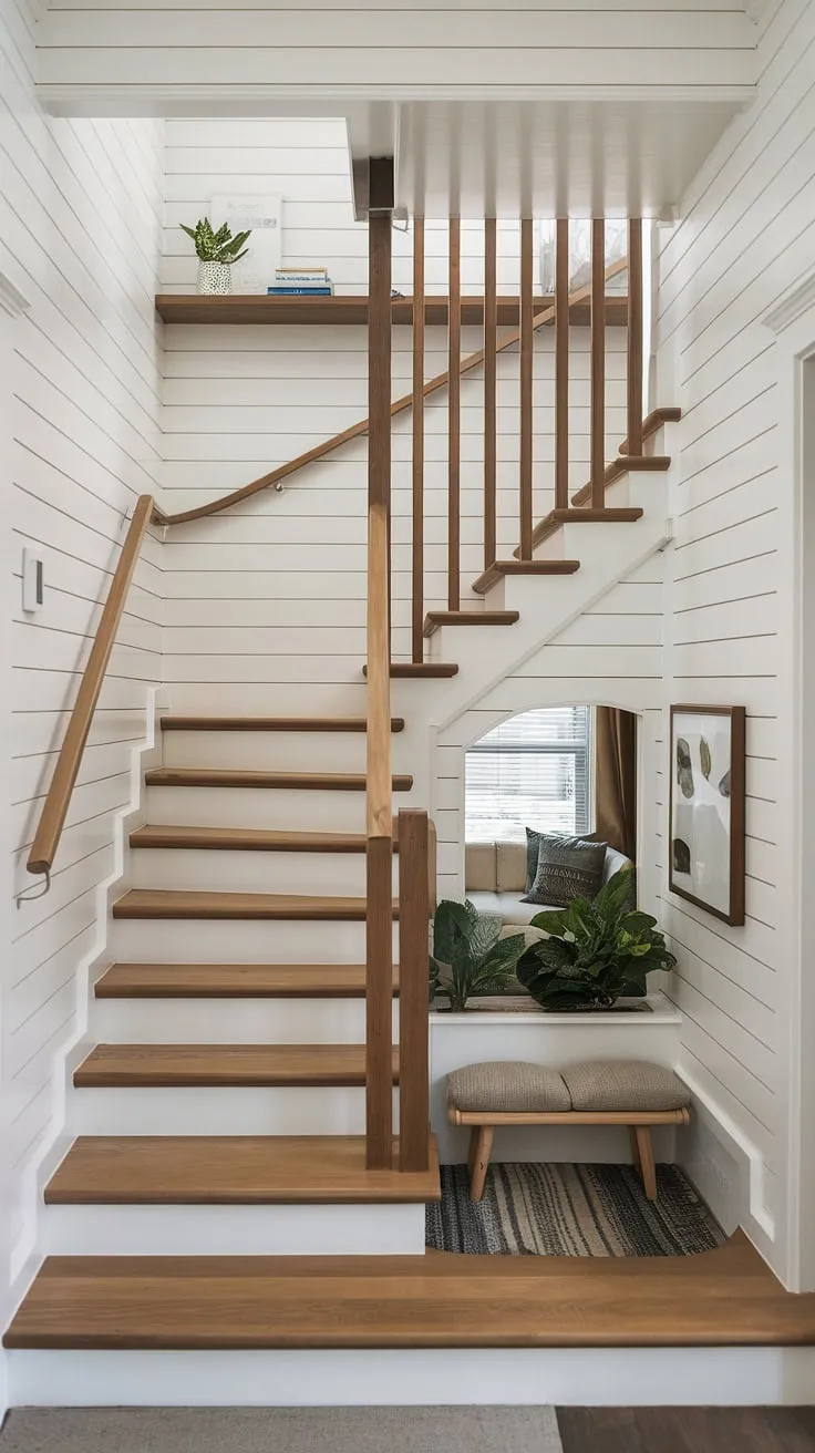Modern and functional, this entryway with stairs boasts innovative stairs design with storage. The home stairwell ideas are exemplified by the clever use of under stairs storage, creating a small living room below. Downstairs design ideas are elegantly implemented, with a built-in shelf above the stairs and a stylish staircase bar under stairs. These downstairs storage ideas and below stairs interior design choices maximize space and style, offering inspiration for stair shelf ideas and showcasing the potential of under stairs storage.