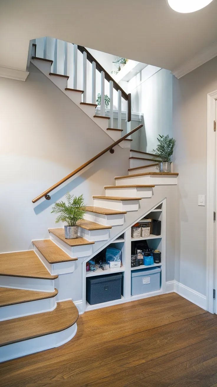 This light-grey entryway with stairs is a testament to creative home stairwell ideas. The stairs design with storage is truly inspiring, utilizing the space under the stairs for practical storage solutions. Downstairs design ideas are beautifully executed, with shelves and boxes neatly organized. Clever downstairs storage ideas, including the under stairs storage, make the most of every inch. The below stairs interior design is both functional and aesthetically pleasing. The addition of a staircase bar under stairs adds a unique and stylish touch. The multiple landings, each adorned with a small plant, enhance the overall design. Consider these stair shelf ideas for your own home—a perfect blend of form and function.