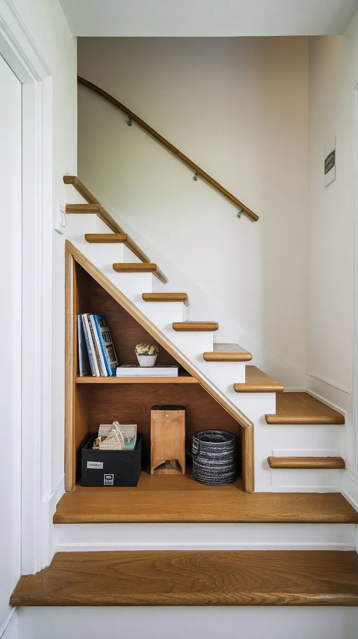 Maximize space and style with this clever entryway with stairs. The stairs design with storage, including a built-in shelf and discreet door, offers brilliant downstairs storage ideas and home stairwell ideas.