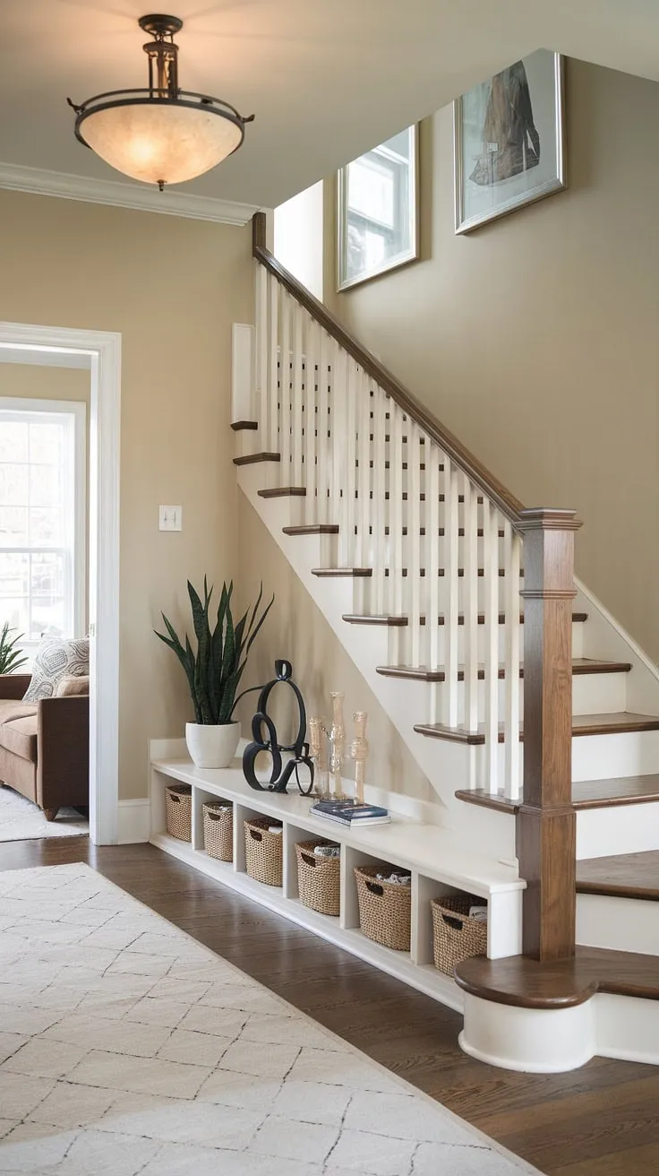 The beige walls create a calm backdrop for this stunning entryway with stairs. Note the ingenious stairs design with storage, offering ample space thanks to the shelves built into each step. These home stairwell ideas are a masterclass in efficient design, seamlessly integrating a small living room under stairs. The downstairs design ideas are both functional and stylish, with the under stairs storage cleverly incorporated. A unique staircase bar under stairs adds a touch of personality to this below stairs interior design. The thoughtful stair shelf ideas are a testament to maximizing space, making this a perfect example of downstairs storage ideas.