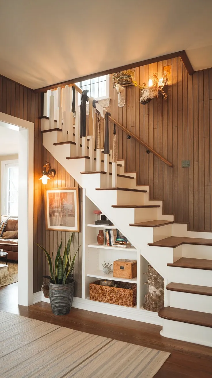 This entryway with stairs showcases a clever stairs design with storage, maximizing space with built-in shelves under the stairs. The home stairwell ideas are brilliantly executed, transforming unused space into functional downstairs storage ideas. The under stairs storage provides ample room, while the small living room under stairs, complete with sofa, coffee table, and plant, creates a cozy and inviting atmosphere. The warm lighting complements the wooden paneling, offering inspiration for below stairs interior design and stair shelf ideas. A staircase bar under stairs could even be incorporated into this design.
