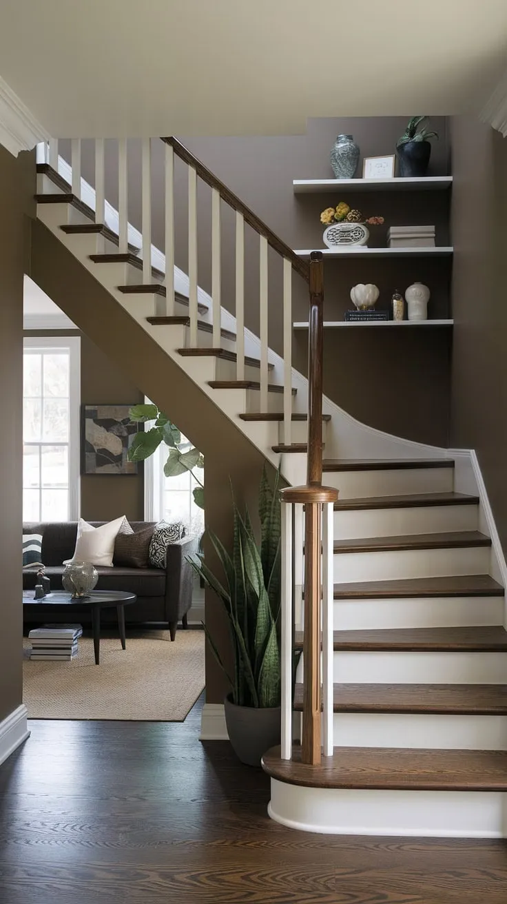 The dark walls create a dramatic backdrop for this entryway with stairs, where innovative stairs design with storage is on full display. The built-in shelf, a fantastic example of stair shelf ideas, adds both visual interest and practical under stairs storage. This home stairwell ideas approach cleverly transforms the space beneath into a charming small living room under stairs, complete with seating and a plant. The overall downstairs design ideas are a masterclass in maximizing space, showcasing effective downstairs storage ideas and below stairs interior design. The potential for a staircase bar under stairs adds another layer of exciting possibilities.