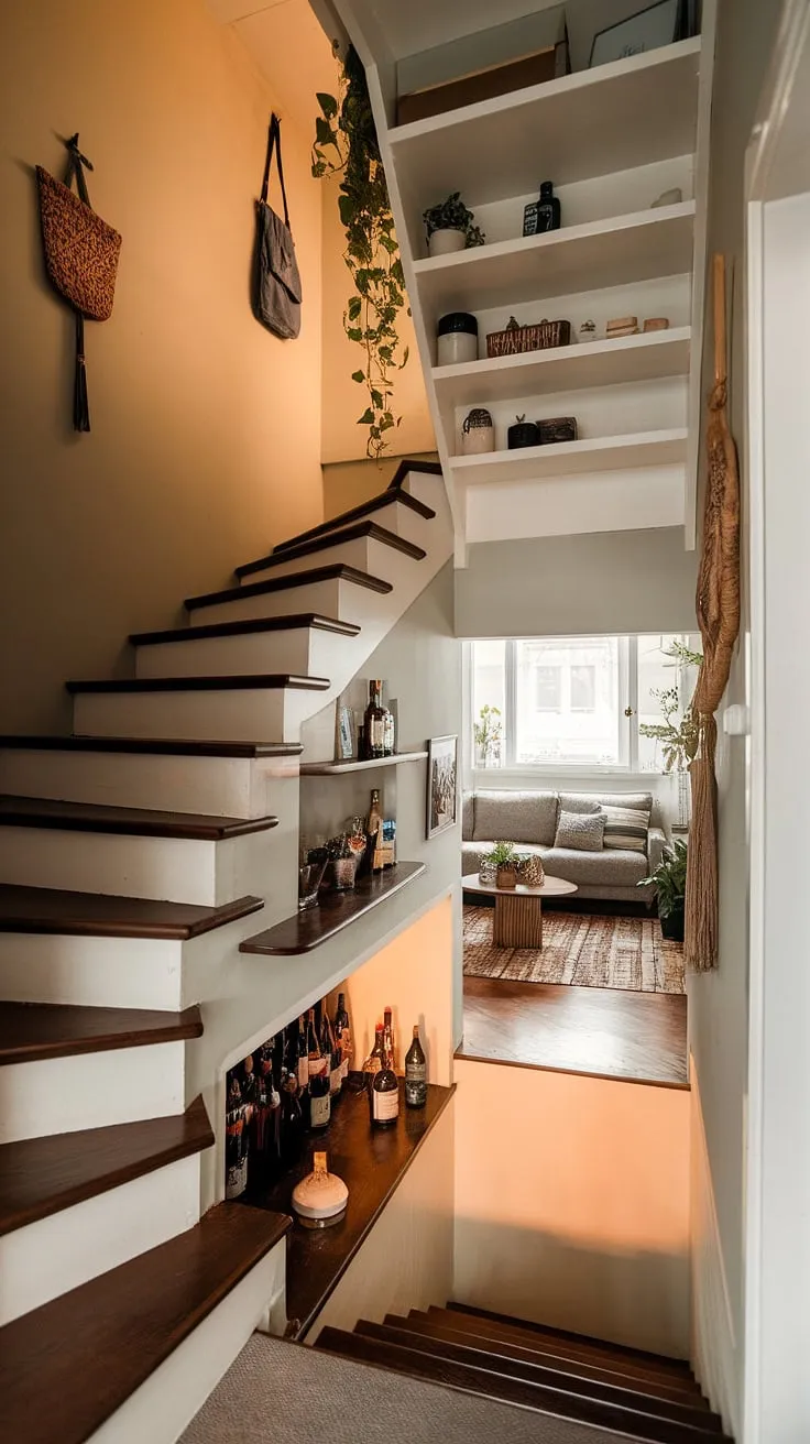 This entryway with stairs is a masterpiece of space-saving design. Note the stairs design with storage, offering downstairs storage ideas and under stairs storage solutions. The home stairwell ideas are complemented by a charming small living room under stairs and a stylish staircase bar under stairs, all enhanced by thoughtful stair shelf ideas and below stairs interior design.