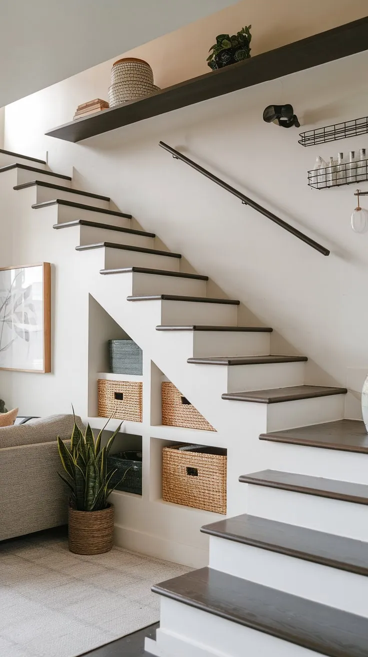 This modern entryway with stairs showcases ingenious space-saving design. The stairs design with storage maximizes functionality, with built-in compartments under each step providing ample under stairs storage. Clever home stairwell ideas are evident in the stair shelf above, complementing the downstairs design ideas, including a small living room under stairs and a stylish staircase bar under stairs. This below stairs interior design is a masterclass in utilizing every inch, offering practical downstairs storage ideas for a small space.